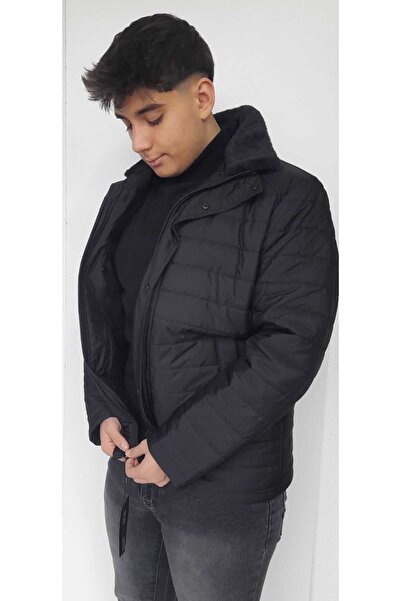 BIGAZZI erkek yakası kürklü,içi polarlı kışlık siyah regular fit capitone kab...