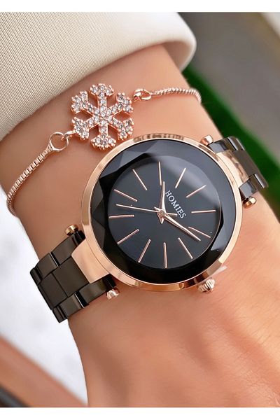 Homies Brand Rose Black Color Waterproof Women's Wristwatch - With Bracelet Gift