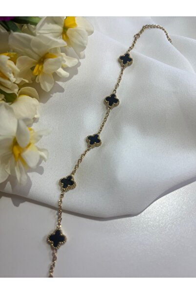 PONÇİK ACCESSORİES Çelik Gold Rengi   Model Çift Taraflı Siyah Taşlı 5 Yoncalı Bileklik