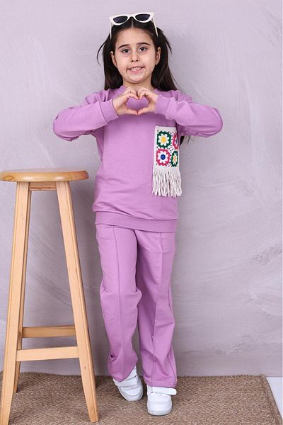 RAPAPA Girl's Spanish Leg Tracksuit Set - 5-12 Years Old, 2 Yarn, Bottom Top Set 2501Lila