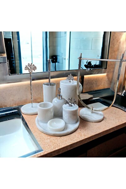 KaideDekor Beyaz 9’lu Mermer Banyo Seti