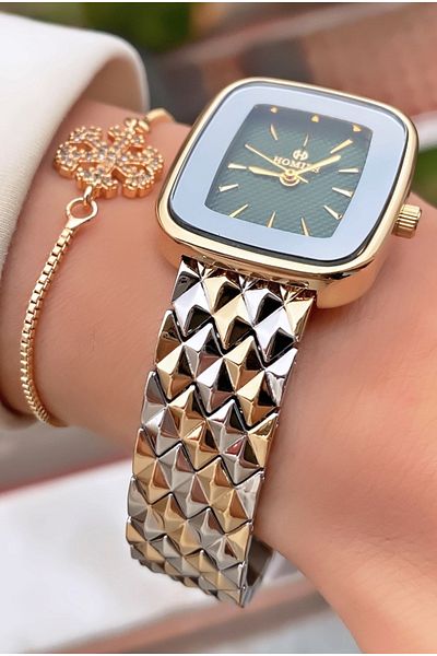 Homies Yellow Silver Colored Waterproof Square Women's Wristwatch and Bracelet Gift