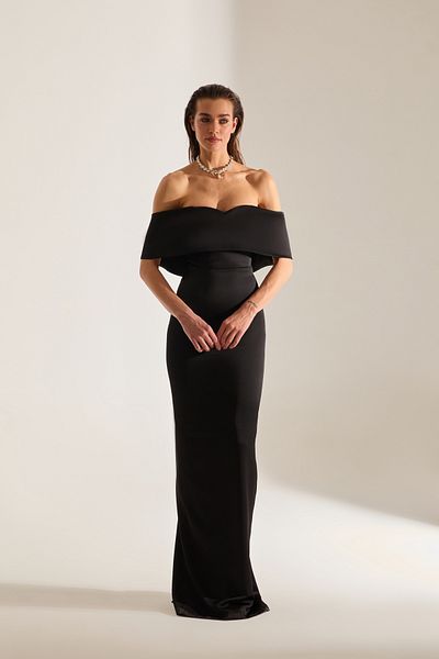 BETTY & SAM Pamella Madonna Collar Satin Black Engagement Dress