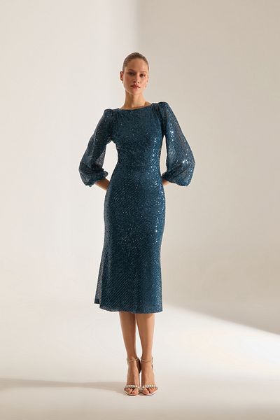 BETTY & SAM Nicole Sparkly Sequin Petrol Blue Balloon Sleeve Midi Dress