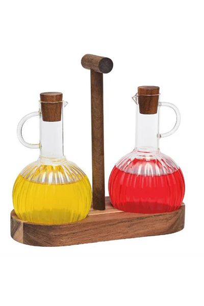 Veliday Paolo 2-Piece Glass Oil Holder with Acacia Stand