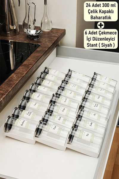 color house Spice Rack Borosilicate (Cam) Steel Lid 300ml 24 Pcs Jar 6 Pcs Stop Plexiglass Stand (White)