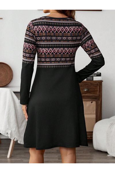 moonvizyon Modavera Women's Long Sleeve Crew Neck Ethnic Print Short Hooded Diver Dress