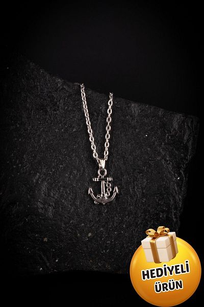 Piercing Market Steel & Silver Men's Silver Color Anchor Figured Necklace