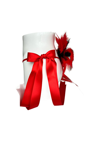 UNDE Kırmızı Siyah Tüylü Kanat Detaylı Çift Saten Kurdele Kadın String