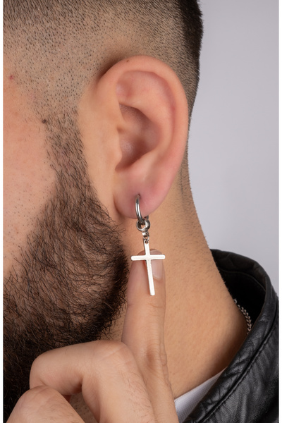 Piercing Market Steel & Silver Unisex Çelik Halka Sallantı Haç Küpe Paslanma Kararma Yapmaz