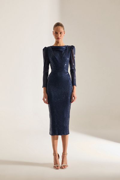 BETTY & SAM Degaje Neckline Pencil Skirt Dark Blue Lurex Sequin Engagement Dress