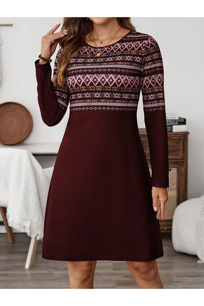 İpeksi Silky Women's Long Sleeve Crew Neck Ethnic Pattern Short Hooded Diver Dress