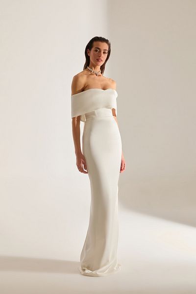 BETTY & SAM Pamella Madonna Collar Satin White Engagement Dress