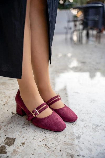 LAMİNTA Pantofi cu toc pentru femei Betina din piele intoarsa burgundy cu toc gros cu catarama dubla