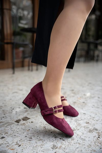 LAMİNTA Pantofi cu toc pentru femei Betina din piele intoarsa burgundy cu toc gros cu catarama dubla