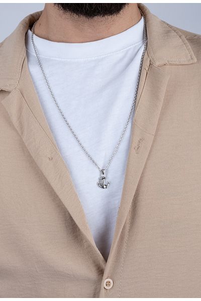 Piercing Market Steel & Silver Men's Silver Color Anchor Figured Necklace