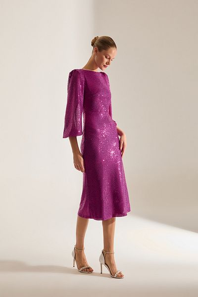 BETTY & SAM Nicole Sparkly Sequin Fuchia Balloon Sleeve Midi Dress