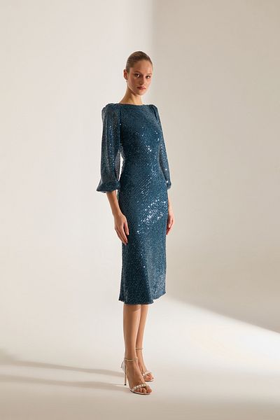BETTY & SAM Nicole Sparkly Sequin Petrol Blue Balloon Sleeve Midi Dress