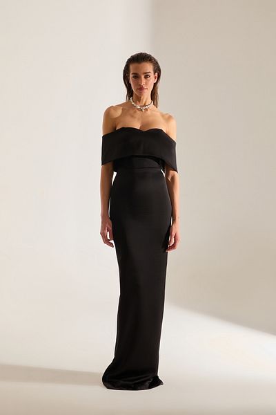 BETTY & SAM Pamella Madonna Collar Satin Black Engagement Dress