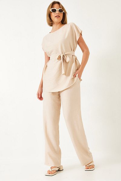 Bianco Lucci Palazzo-Hosen-Set mit Leinengürtel – Ayrobin 60323 60271039