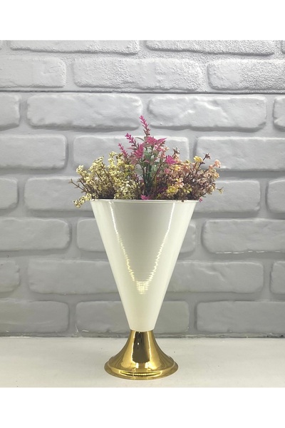 Decodelight Modern Dekoratif Konik Gold Ayaklı Beyaz Konik Büyük Salon Vazo Masa Üstü Aksesuar Dekor