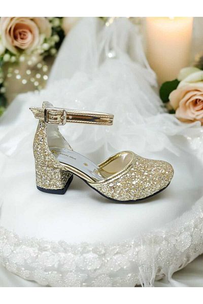 PATİK BEBE Pantofi de seara cu toc patrat de culoare aurie pentru fete