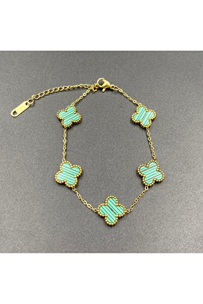 Merand Gold Green Color 5-Piece Double-Sided Clover Steel Chain Bracelet