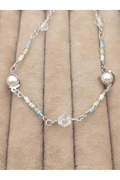 Siya Silver Pearl Design Beaded Anklet-21 5 cm