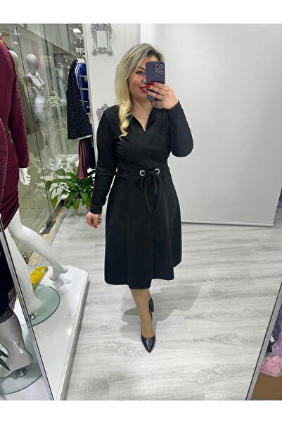 SBUTİK Siyah Süet Kuş Gözlü Belden Bağlamalı Dikiş Özellikli Yaka Yırtmaçlı Elbise stp 25k2412