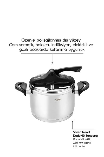 Nehir Silver Trend Stainless Steel 4 Liter Pressure Cooker