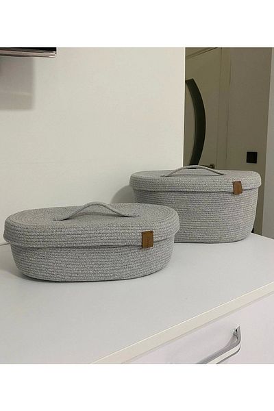 Sevdam Sepet Gray DouBle Bread Basket Set - XL Large Size and Decorative Box with Lid, Storage Box