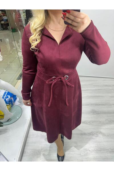 SBUTİK Bordo Süet Kuş Gözlü Belden Bağlamalı Dikiş Özellikli Yaka Yırtmaçlı Elbise stp 25k2412