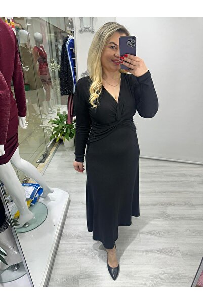 SBUTİK Siyah Çilek Düğüm Detaylı Midi Boy Elbise bkt  282090