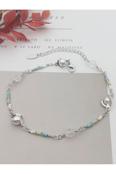 Siya Silver Pearl Design Beaded Anklet-21 5 cm