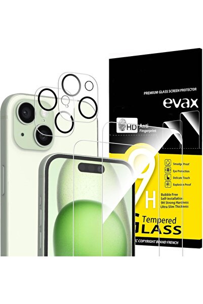 Evax (2 CAM + 2 LENS) iPhone 15 Uyumlu 2 Adet Ekran Koruyucu ve 2 Adet Kamera Lens Koruyucu