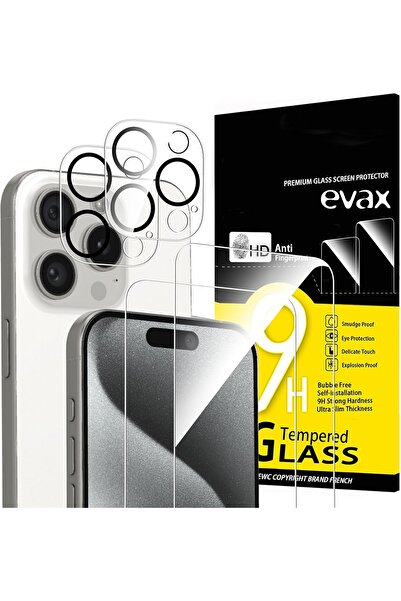 Evax (2 CAM + 2 LENS) iPhone 15 Pro Uyumlu 2 Adet Ekran Koruyucu ve 2 Adet Ka...
