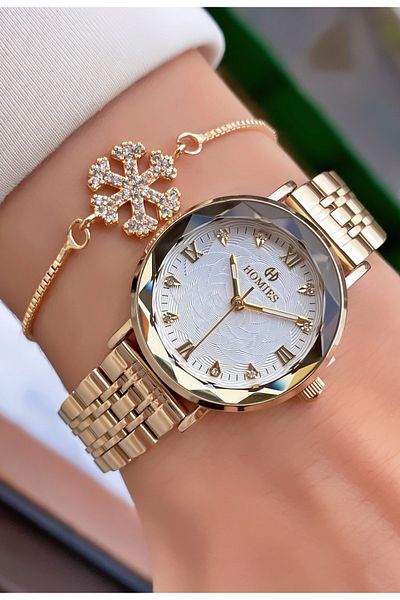Homies Brand Gold Color Waterproof Women's Wristwatch - With Bracelet Gift