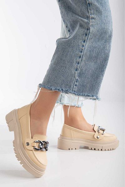 Cansu Ayakkabı Cansu Shoes Loafer Beige Casual Buckle Silver Chain Detailed Daily Comfortable Shoes