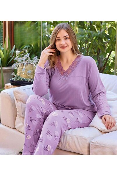İpek Women's Long Sleeve Lace Plus Size Pajama Set