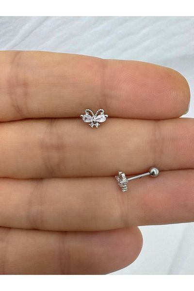 Arescollection Zircon Stone Butterfly 1 Piece Tragus Helix Lobe Conch Flat Lobe Matched Piercing Earring