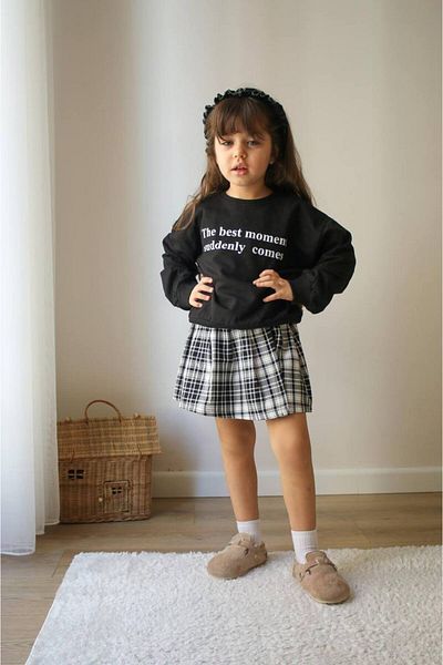 Lolliboomkids Fete Slogan Text Detaliat Top Gingham Pantaloni scurți Fusta Partea de jos Top Set Nou Sezon Negru Alb