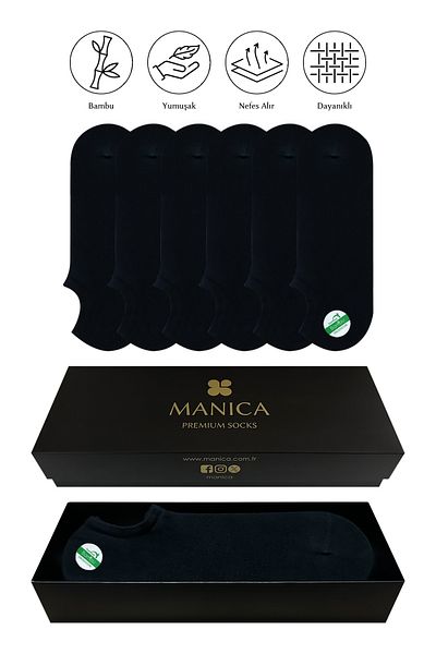 MANICA Мъжки бамбукови чорапи за маратонки, 6 чифта - черни