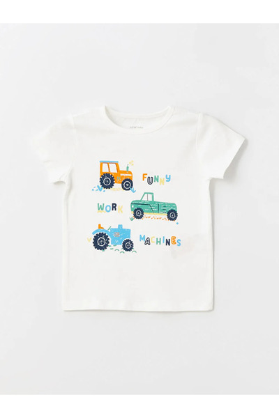 LC Waikiki Lcw Baby Ecru Crew Neck Short Sleeve Printed Baby Boy Pajamas Set with Shorts