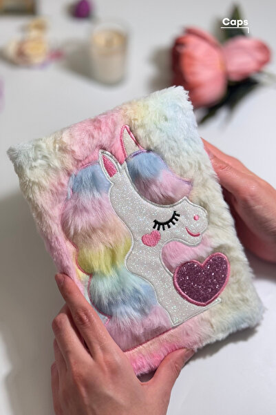 caps Caiet cu inimă cu sclipici de pluș cu unicorn - dimensiune A5, 160 de co...