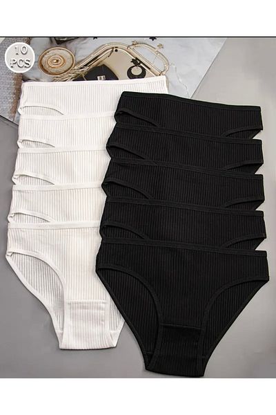 İmpavido Pack of 10 Black and White Ribbed Camisole Bikini Panties