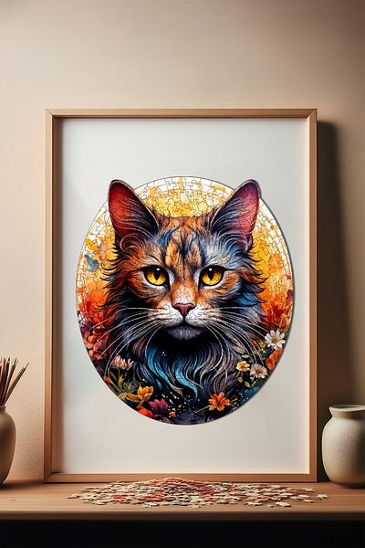 Pinecone Wooden Puzzle with Cat and Flower Pattern - 333 Piece Puzzle, Foil Included, 29X29 cm Wz-24
