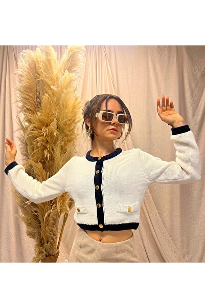 BUALY Ekru Lacivert Biyeli Cepli Hırka