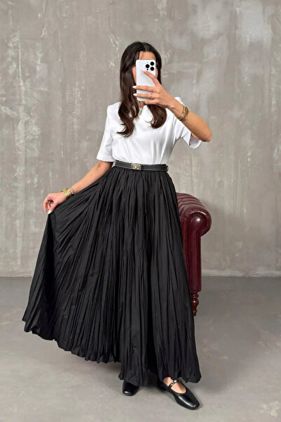 128ve980 Fusta lungă neagră cu talie înaltă din țesătură pliată cu talie elastică pentru femei