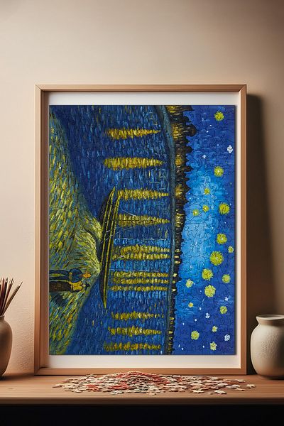 Pinecone لغز خشبي مرصع بالنجوم على شكل نهر الراين من فان جوخ - 450 قطعة بتصميم ليلي فريد مقاس 29 × 39 سم R1-11