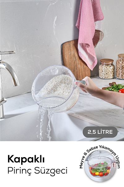 Vienev Clear Vegetable and Fruit Rice Strainer with Gray Lid